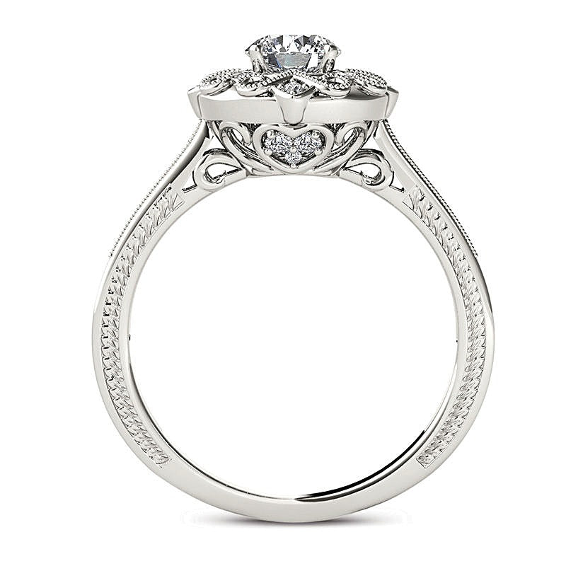 0,63 ct. Gesamtgewicht Diamant Verlobungsring im Vintage-Stil mit floralem Halo in 14K Weißgold