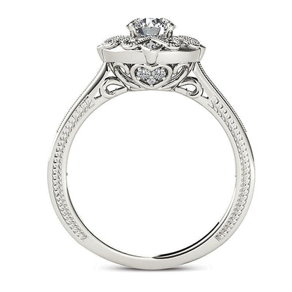 0,63 ct. Gesamtgewicht Diamant Verlobungsring im Vintage-Stil mit floralem Halo in 14K Weißgold