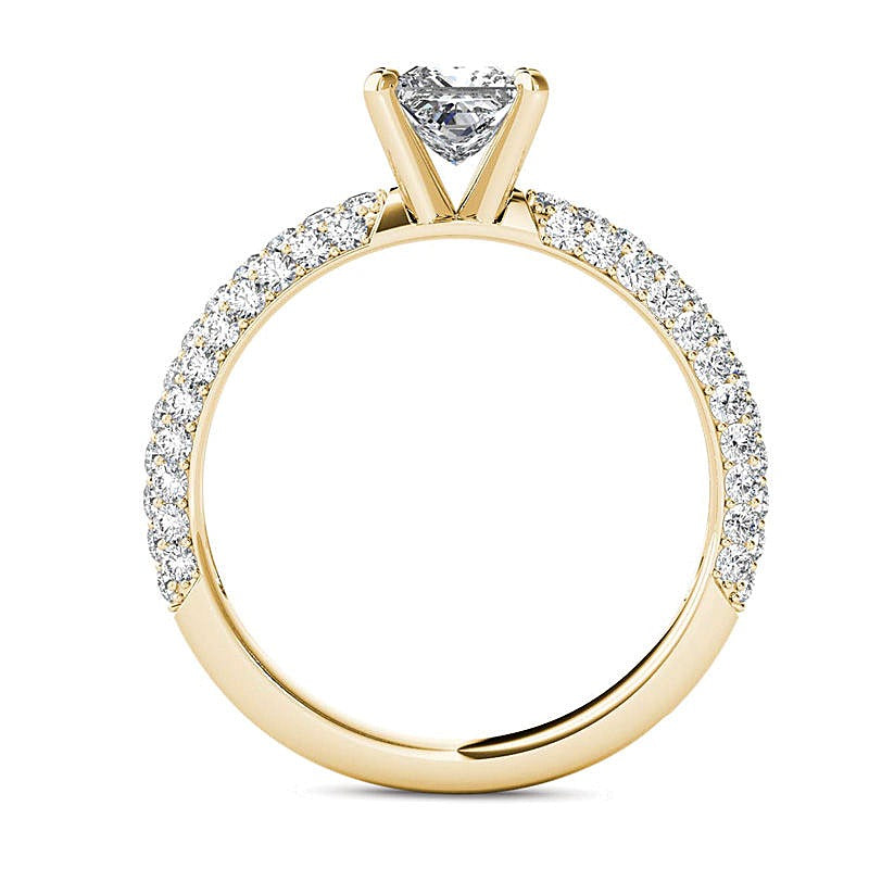 Solitär-Verlobungsring mit seitlichem Besatz und Diamanten im Princess- und Rundschliff, 1.0 ct. Gesamtgewicht, in 14K Gelbgold