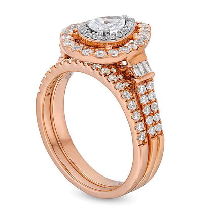 1.0 CT. Gesamtgewicht Braut-Set mit tropfenförmigen Diamanten und doppelter Reihe in 10K Roségold