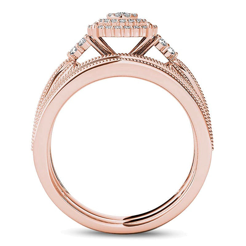 Braut-Set mit Diamanten 0.5 ct. Gesamtgewicht im Vintage-Stil mit dreifachem Rahmen in 10K Roségold