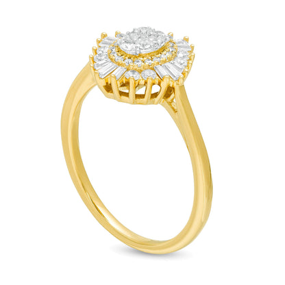 0,5 ct. Gesamtgewicht Komposit-Diamant Verlobungsring mit doppeltem Starburst-Rahmen in 10K Gelbgold