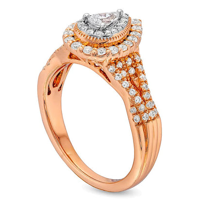 0.63 ct. Gesamtgewicht Verlobungsring mit tropfenförmigem Diamant, Halo und verschlungener Ringschiene in 10K Roségold