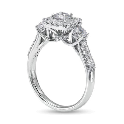 Dreistein-Verlobungsring mit Diamanten 1.17 ct. Gesamtgewicht, rund & Kissenschliff, in 14K Weißgold