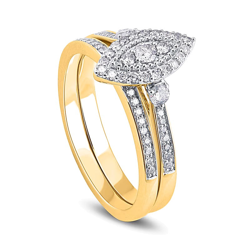 0,5 ct. Gesamtgewicht Diamant-Brautset mit Marquise-Komposit und Doppel-Halo für Damen in 10K Gelbgold