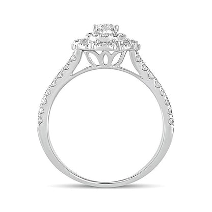 Verlobungsring im Vintage-Stil mit ovalem Diamant und Halo, 1.0 ct. Gesamtgewicht, 14K Weißgold