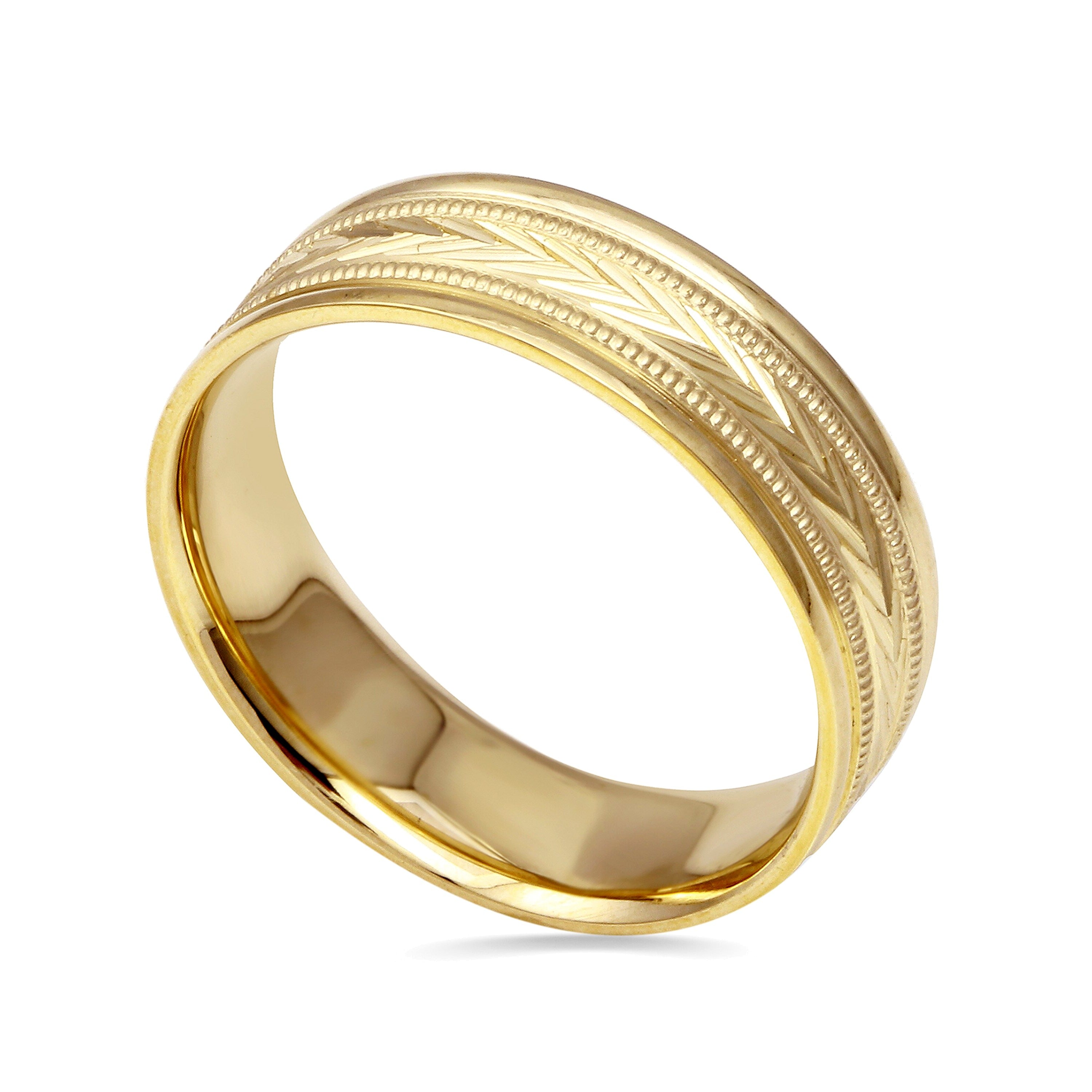 Ehering mit Chevron und Milgrain 6.0mm in 14K Gelbgold - Größe 10