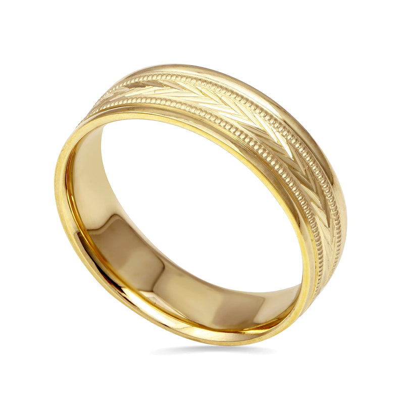 Ehering mit Chevron und Milgrain 6.0mm in 14K Gelbgold - Größe 10