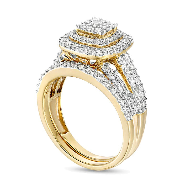 Braut-Set mit Diamanten im Kissenschliff und rund, 1.13 ct. Gesamtgewicht, mehrreihig mit geteilten Krappen, in 10K Gelbgold