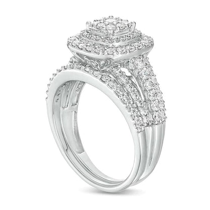 Braut-Set mit Diamanten im Kissenschliff und rund, mehrreihig, in 10K Weißgold, 1.13 ct. Gesamtgewicht