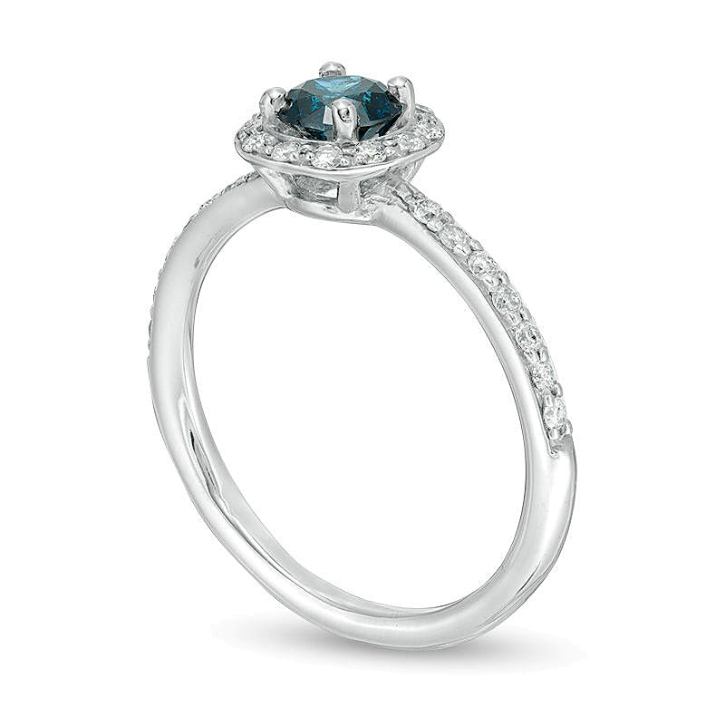 0,75 ct. Gesamtgewicht Verlobungsring mit blauen und weißen Diamanten, Halo, in 14K Weißgold