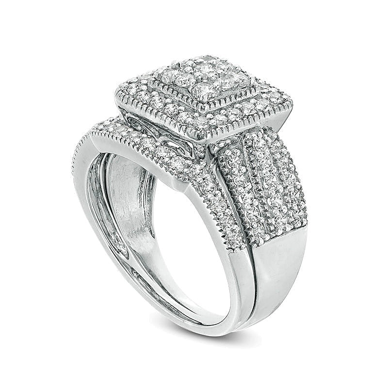 1.25 ct. Gesamtgewicht Multi-Diamant Brautset mit quadratischem Rahmen im Vintage-Stil, mehrreihig, in 10K Weißgold