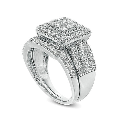 1.25 ct. Gesamtgewicht Multi-Diamant Brautset mit quadratischem Rahmen im Vintage-Stil, mehrreihig, in 10K Weißgold