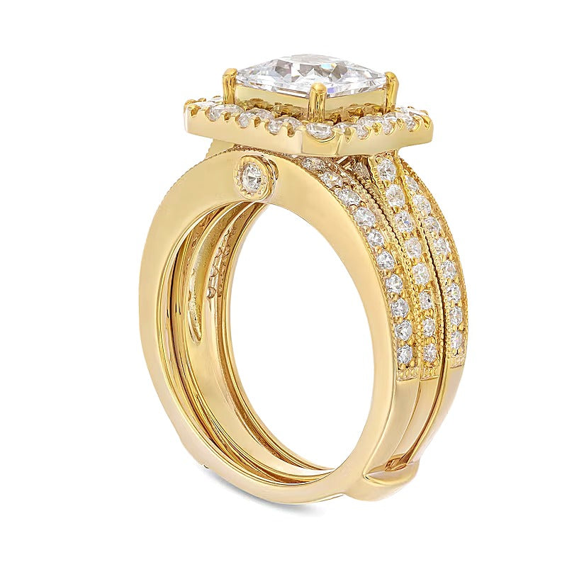 Braut-Set mit Labordiamanten im Princess-Schliff und Kissenschliff-Halo 3.38 ct. Gesamtgewicht in 14K Gelbgold (F/VS2)