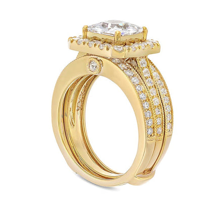 Braut-Set mit Labordiamanten im Princess-Schliff und Kissenschliff-Halo 3.38 ct. Gesamtgewicht in 14K Gelbgold (F/VS2)
