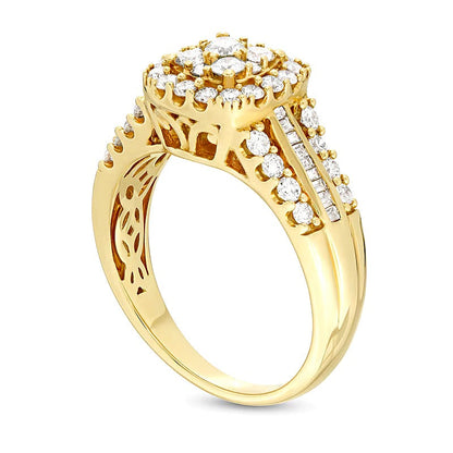 Verlobungsring mit mehreren Diamanten 1.0 ct. Gesamtgewicht, rund, Baguette und Kissenschliff, mehrreihig, in 10K Gelbgold