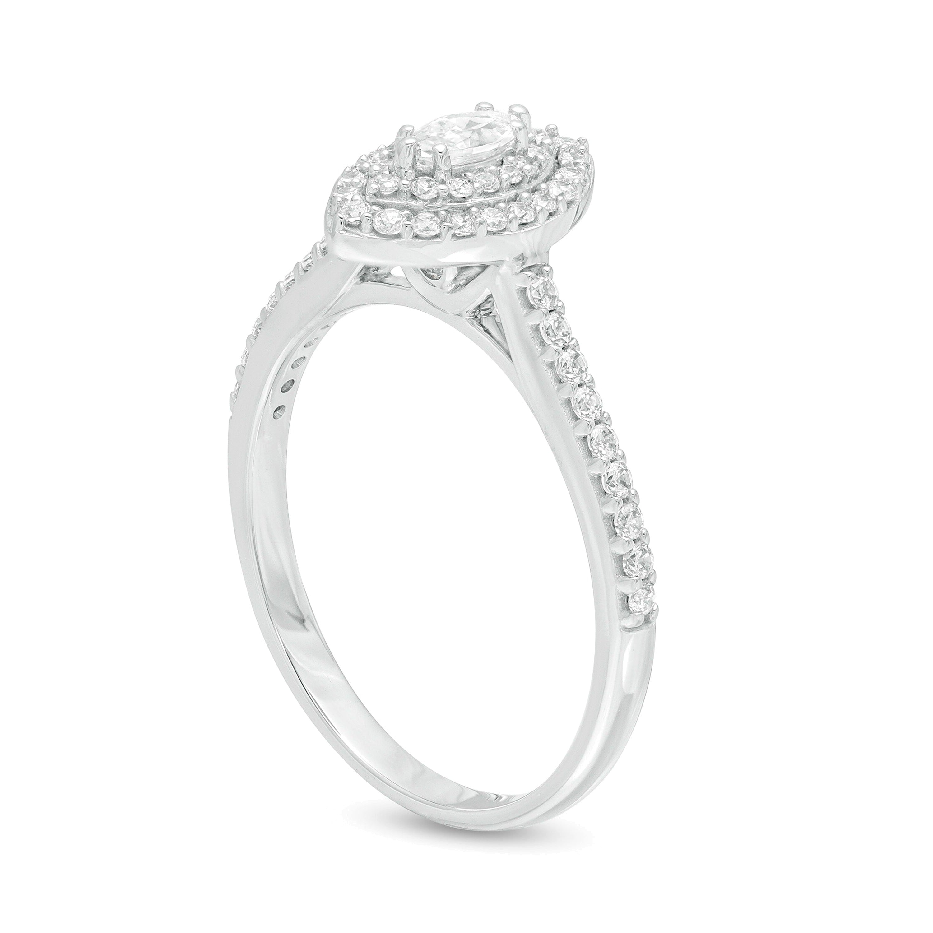 0,5 ct. Gesamtgewicht Verlobungsring mit Diamanten im Marquise-Schliff und doppeltem Halo aus 10K Weißgold