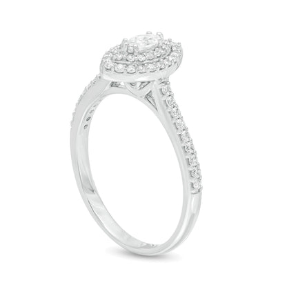 0,5 ct. Gesamtgewicht Verlobungsring mit Diamanten im Marquise-Schliff und doppeltem Halo aus 10K Weißgold