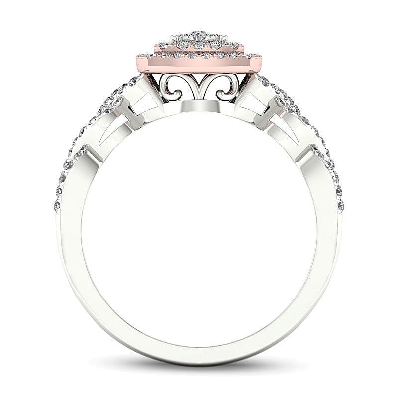 0.33 ct. Gesamtgewicht Komposit-Diamant Verlobungsring mit doppeltem Kissenschliff-Rahmen und Twist-Design in 14K Gelb- und Weißgold