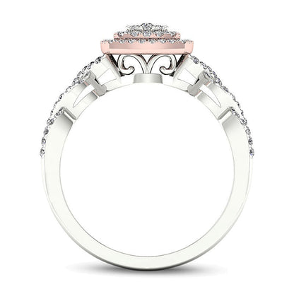 0.33 ct. Gesamtgewicht Komposit-Diamant Verlobungsring mit doppeltem Kissenschliff-Rahmen und Twist-Design in 14K Gelb- und Weißgold