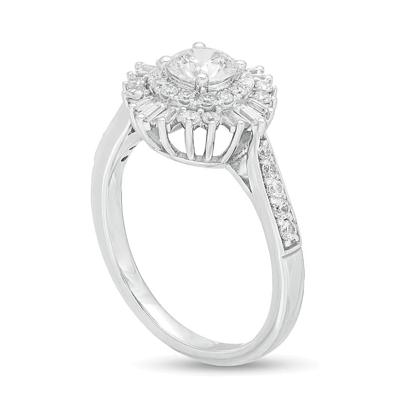 1.0 ct. Gesamtgewicht Diamant Halo Verlobungsring mit doppeltem Starburst-Rahmen aus 14K Weißgold