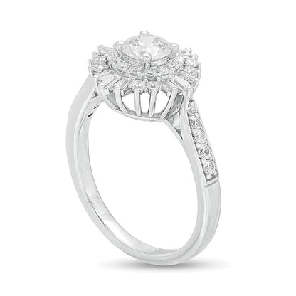 1.0 ct. Gesamtgewicht Diamant Halo Verlobungsring mit doppeltem Starburst-Rahmen aus 14K Weißgold