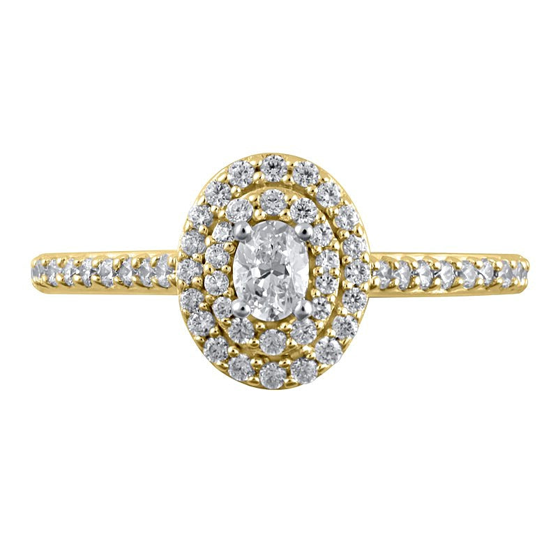 0.5 ct. Gesamtgewicht Verlobungsring mit ovalem Diamant und doppeltem Halo in 10K Gelbgold