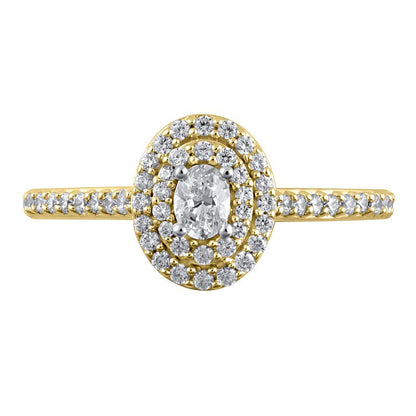 0.5 ct. Gesamtgewicht Verlobungsring mit ovalem Diamant und doppeltem Halo in 10K Gelbgold