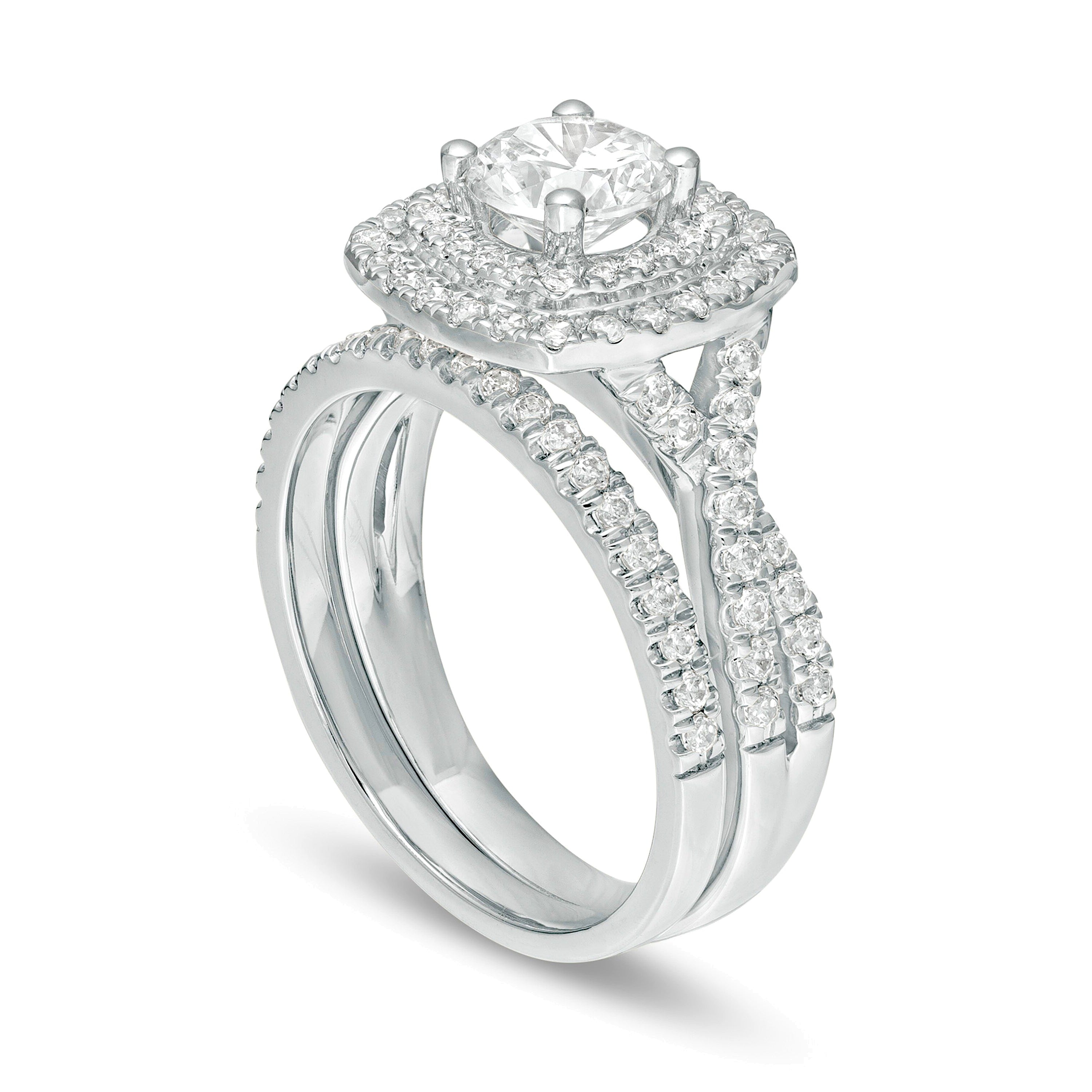 1,63 ct. Gesamtgewicht Diamant Brautset mit doppeltem Kissenschliff-Rahmen und gedrehter Ringschiene in 14K Weißgold