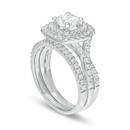 1,63 ct. Gesamtgewicht Diamant Brautset mit doppeltem Kissenschliff-Rahmen und gedrehter Ringschiene in 14K Weißgold