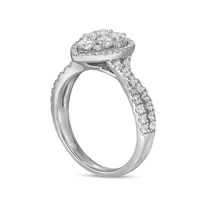 1.25 ct. Gesamtgewicht Verlobungsring mit Komposit-Diamanten in Tropfen- und rundem Schliff, gedrehte Ringschiene, 14K Weißgold