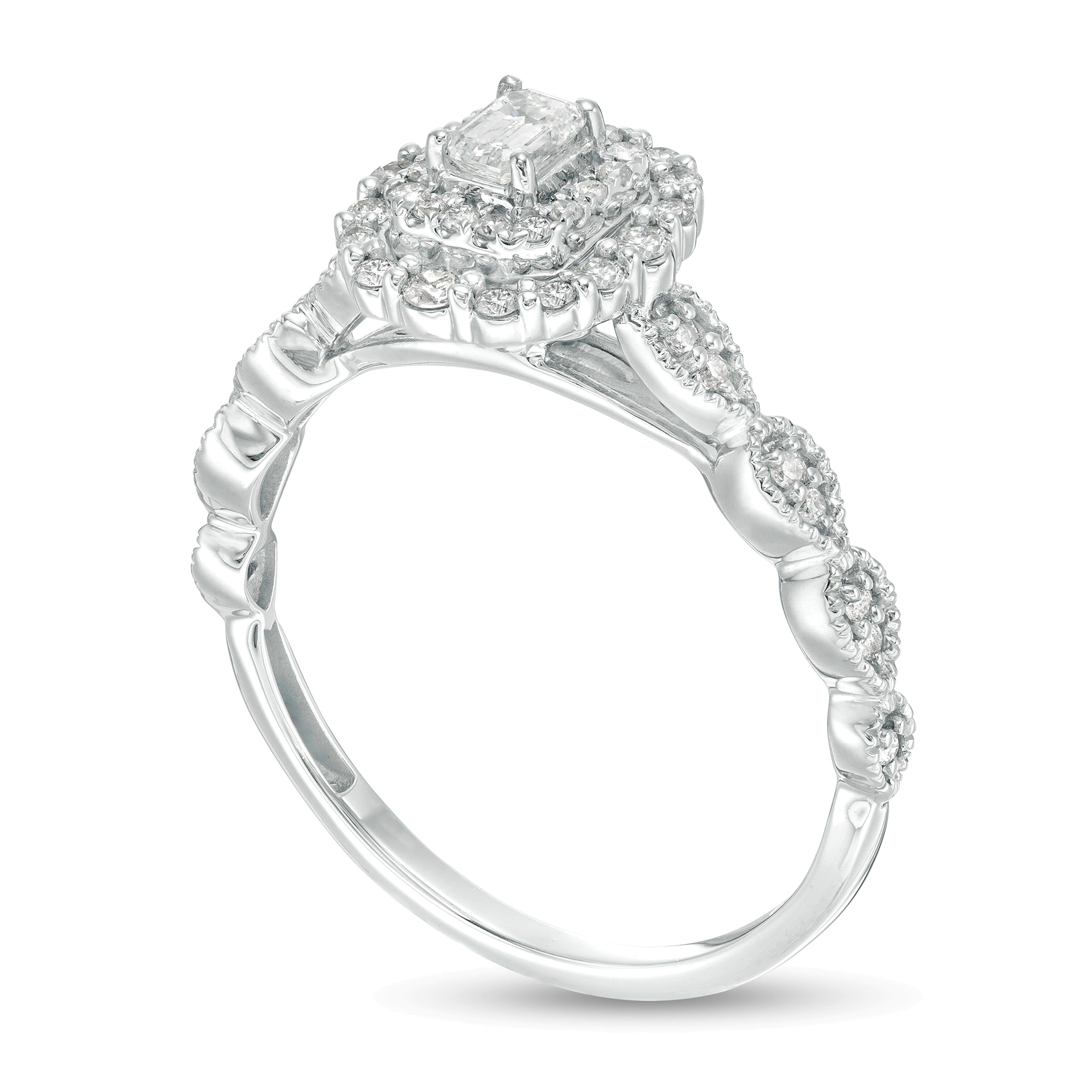 0,38 ct. Gesamtgewicht Verlobungsring im Art-déco-Vintage-Stil mit Diamanten im Smaragdschliff und doppeltem Rahmen in 10K Weißgold