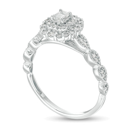 0,38 ct. Gesamtgewicht Verlobungsring im Art-déco-Vintage-Stil mit Diamanten im Smaragdschliff und doppeltem Rahmen in 10K Weißgold