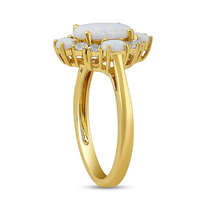 Fashion-Ring mit ovalem Labor-Opal und weißen Labor-Saphiren in 10K Gelbgold