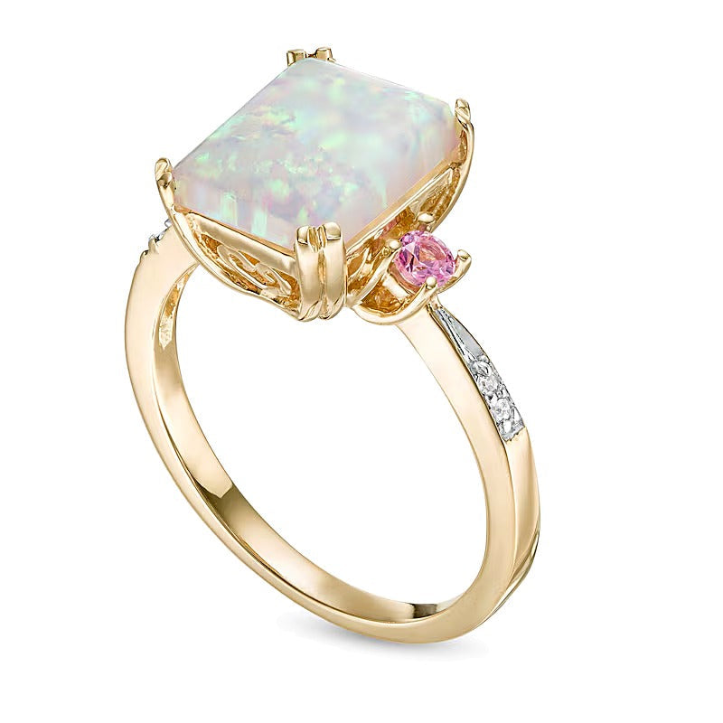 Dreistein-Ring mit Labor-Opal im Smaragdschliff und rosa Labor-Saphiren mit Diamant-Besatz in 10K Gelbgold