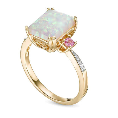Dreistein-Ring mit Labor-Opal im Smaragdschliff und rosa Labor-Saphiren mit Diamant-Besatz in 10K Gelbgold
