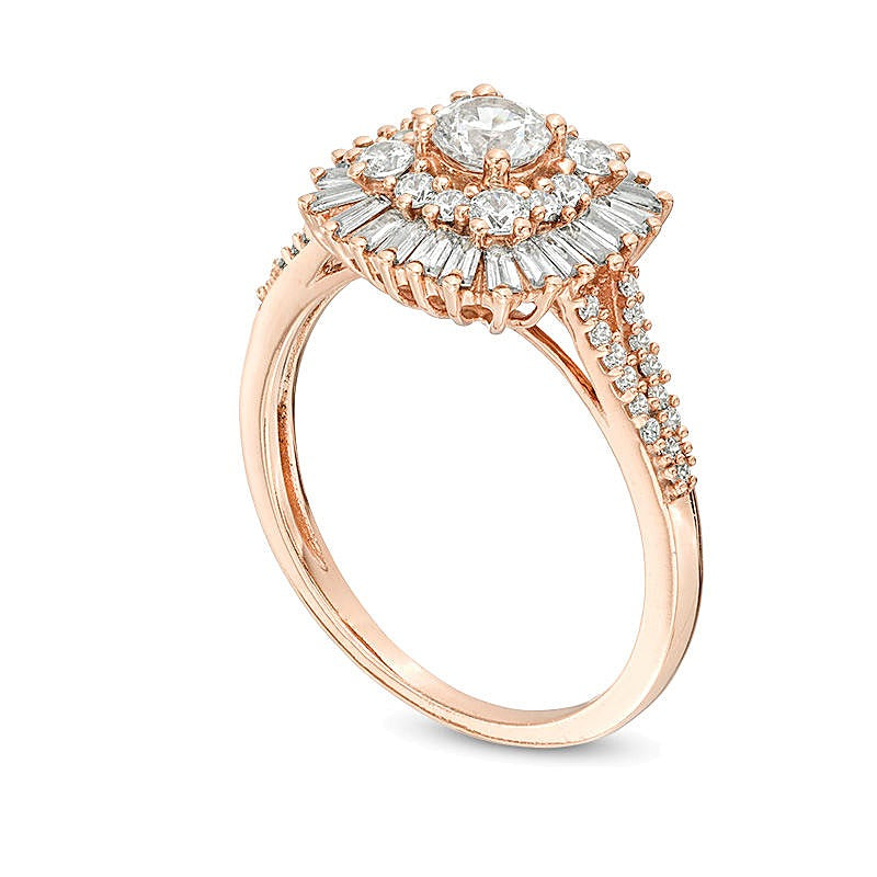 1.0 CT. TW Halo-Ring mit Diamanten in Baguette und rund in 14K Roségold