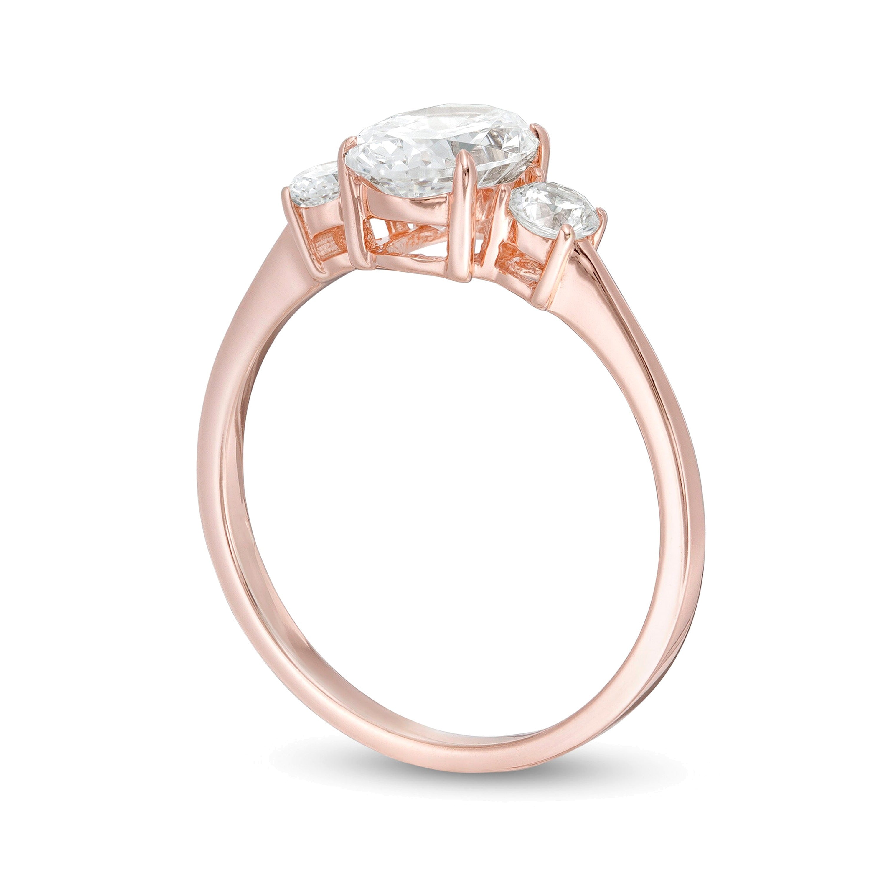 1,25 ct. Gesamtgewicht Dreistein-Verlobungsring mit Diamanten in Oval und rund in 14K Roségold