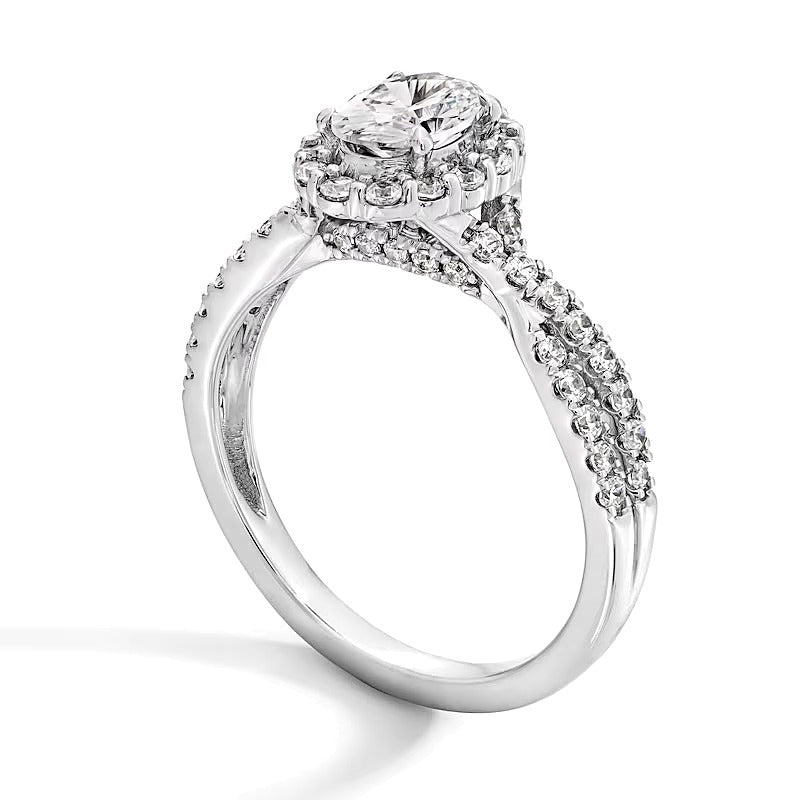 1.0 CT. Gesamtgewicht Verlobungsring mit ovalem Labordiamant, Halo und Crossover-Schiene in 14K Weißgold (F/SI2)
