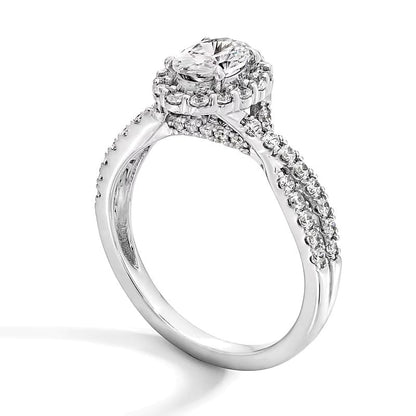 1.0 CT. Gesamtgewicht Verlobungsring mit ovalem Labordiamant, Halo und Crossover-Schiene in 14K Weißgold (F/SI2)