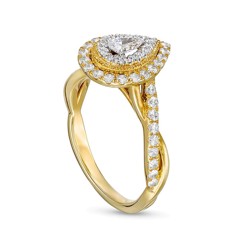0.75 CT. Gesamtgewicht Verlobungsring mit tropfenförmigem Diamant und doppeltem Halo sowie gedrehter Ringschiene in 10K Gelbgold