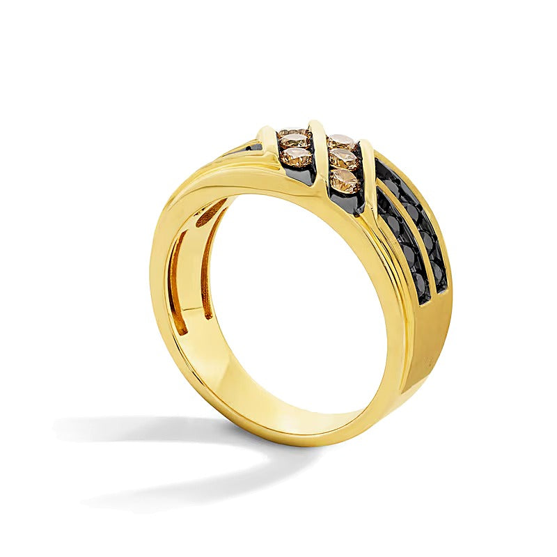 1.0 CT. Gesamtgewicht Ring mit schwarzen und braunen Diamanten, zweireihig diagonal, in 10K Gelbgold