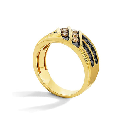 1.0 CT. Gesamtgewicht Ring mit schwarzen und braunen Diamanten, zweireihig diagonal, in 10K Gelbgold