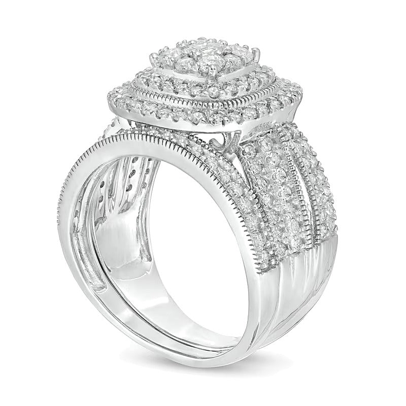 Brautset mit Diamanten im Kissen- und Rundschliff im Vintage-Stil, 1.33 ct. Gesamtgewicht, in 10K Weißgold