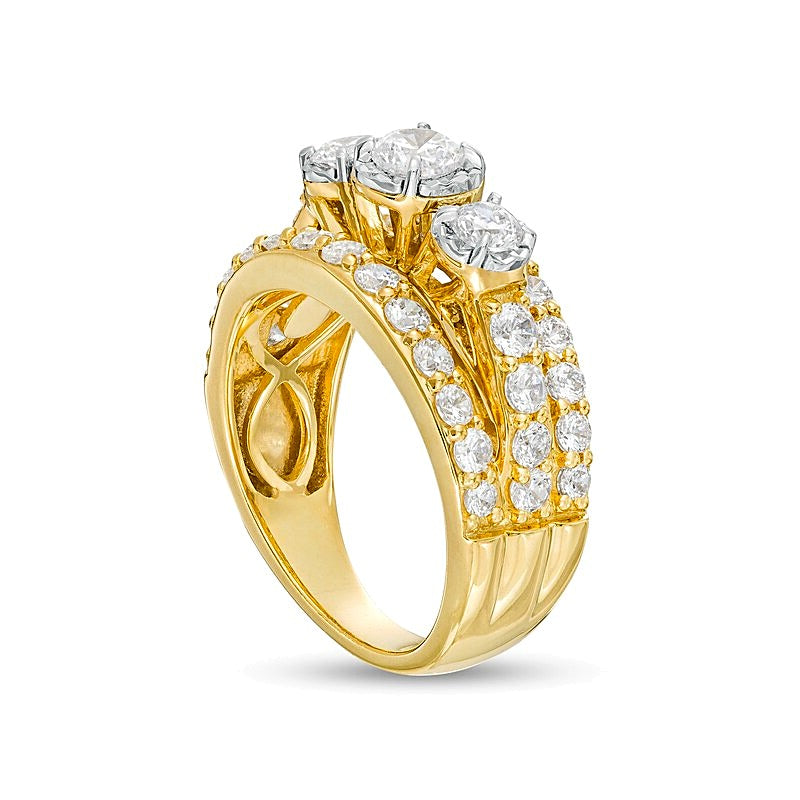 Dreistein-Verlobungsring mit weißen Diamanten in rundem Schliff, 2.0 ct. Gesamtgewicht, 14K Gelbgold