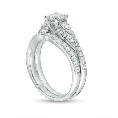 1.38 ct. Gesamtgewicht Diamant Bypass Dreistein Brautset in 14K Weißgold