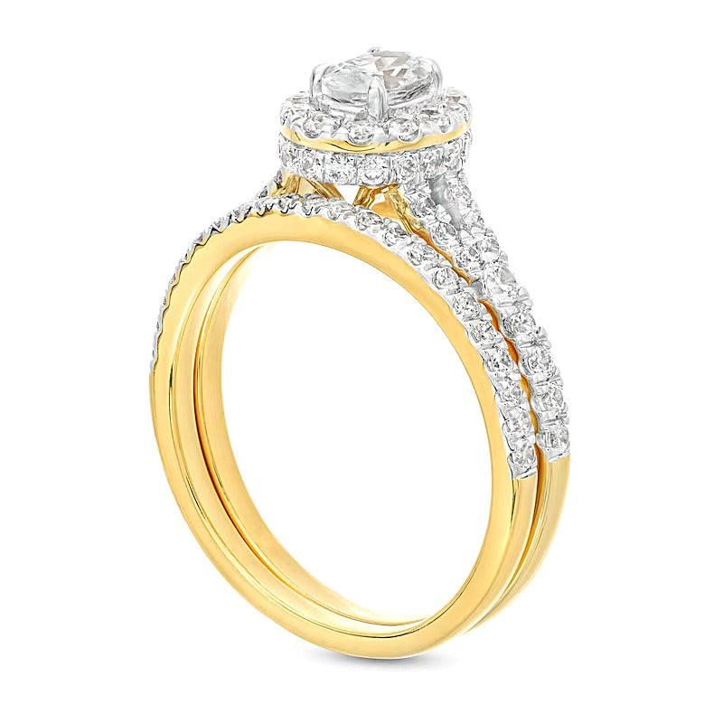 1.25 ct. Gesamtgewicht Braut-Set mit ovalem Diamant-Rahmen und geteilter Schiene in 14K Gelbgold