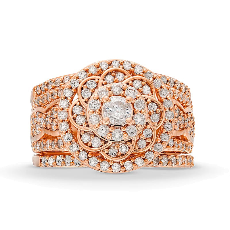 Brautset mit Diamanten im Blumen-Design im keltischen Stil, 1.5 ct. Gesamtgewicht, in 10K Roségold