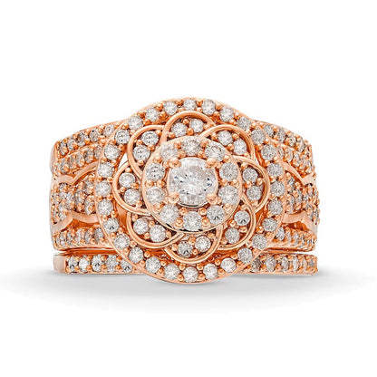 Brautset mit Diamanten im Blumen-Design im keltischen Stil, 1.5 ct. Gesamtgewicht, in 10K Roségold