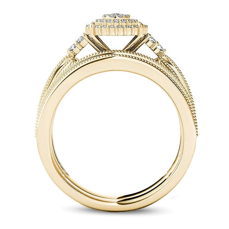 0.5 ct. Gesamtgewicht Diamant Brautset im Vintage-Stil mit dreifachem Rahmen in 10K Gelbgold